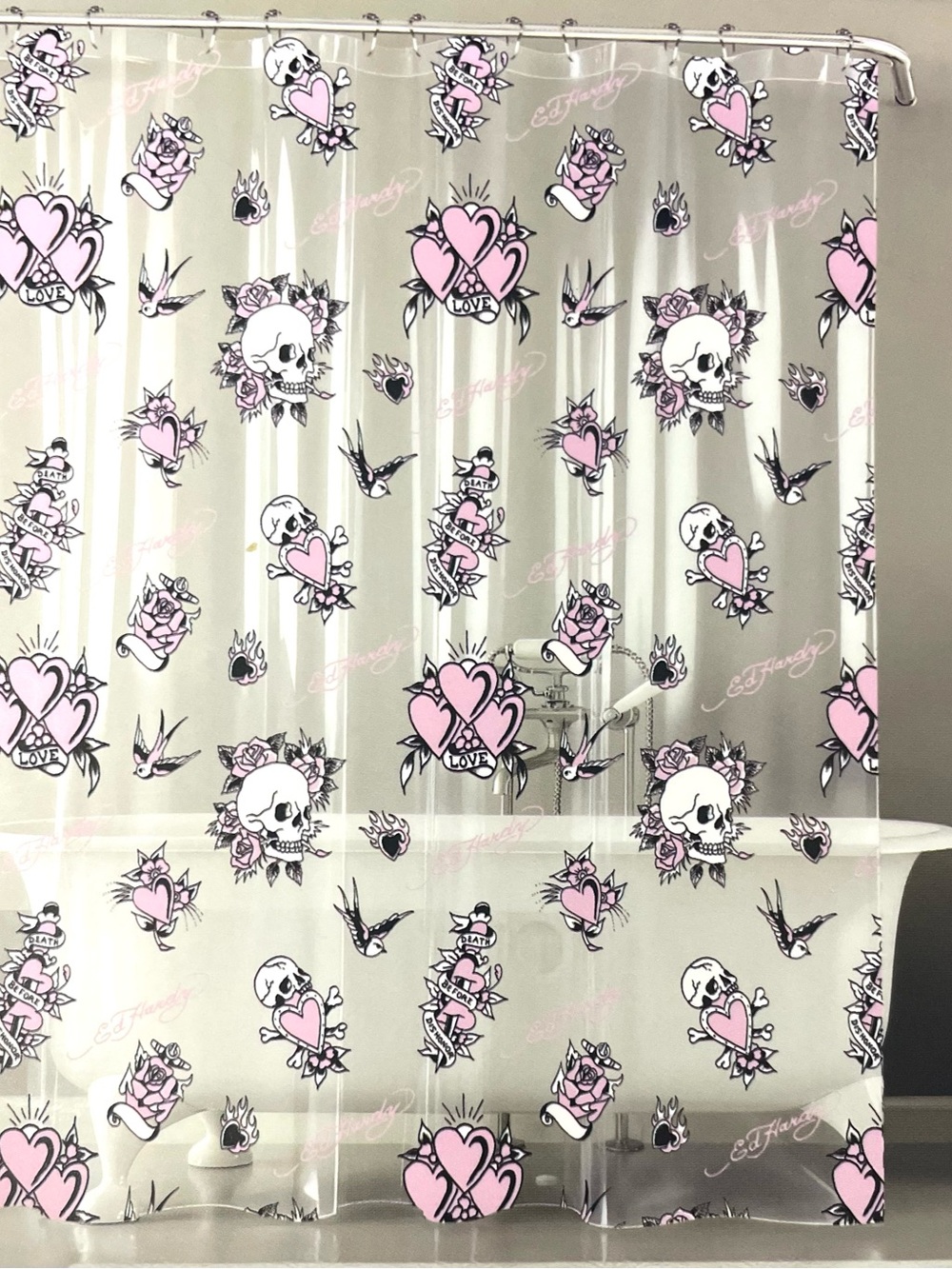 Ed Hardy Clear Shower Curtain Liner Pink Hearts Skulls Roses PEVA 72x72 NWT - Picture 2 of 5